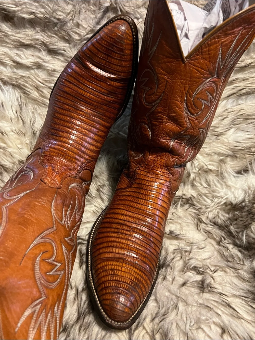 Dan Post Cognac Brown Lizard & Leather Exotic-Texture Western Boots Sz 11.5 D
